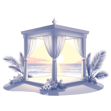 An Indian mandap with intricately designed pillars and floral decorations is set up on a sandy beach. The structure features draped fabric, elegantly flowing from the top to the sides, creating an inviting atmosphere. The sandy beach surrounds the mandap, with gentle waves lapping at the shore. In the background, the sun is setting, casting a warm glow across the scene, highlighting the tropical elements surrounding the mandap, including palm leaves and vibrant flowers arranged around the base. The overall composition creates a serene and picturesque setting for a celebration.
