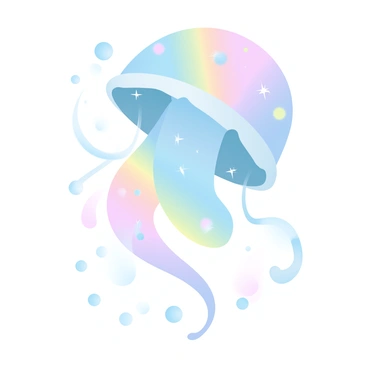 A whimsical jellyfish floats gracefully in the water. Its bell-shaped body is adorned with vibrant patterns inspired by rainbow colors, blending seamlessly in shades of red, orange, yellow, green, blue, and violet. The tentacles extend elegantly below, featuring star-like designs that shimmer with a playful glimmer. Bubbles rise around the jellyfish, reflecting the colors of its body, creating a lively underwater scene. The background is softly illuminated, enhancing the whimsical appearance of the jellyfish as it moves through the water.