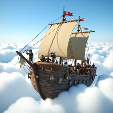A band of sky pirates aboard a large, weathered airship made of aged wood and metal, adorned with tattered flags fluttering in the wind. The ship is equipped with several large sails, capturing the breeze as it glides through a sea of fluffy white clouds. The pirates, featuring diverse appearances, wear rugged clothing such as leather jackets and bandanas. Some are actively working at the ship's rigging while others are gazing out into the distance with binoculars. The sky is bright and blue, with sunlight filtering through the clouds, casting shadows on the deck. A sense of adventure permeates the scene as the ship navigates through the endless expanse of the sky.