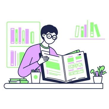 A person is sitting at a table, reading a large book titled "Business Acquisitions for Beginners." The book is open, revealing various charts and bullet points on its pages. The reader has short hair and is wearing glasses, focusing intently on the text. Beside the book, there is a green notebook with a pen resting on top. A small cup filled with green and purple markers is placed on the table near the reader. In the background, there is a bookshelf filled with other books and a potted plant sitting on the corner of the table.