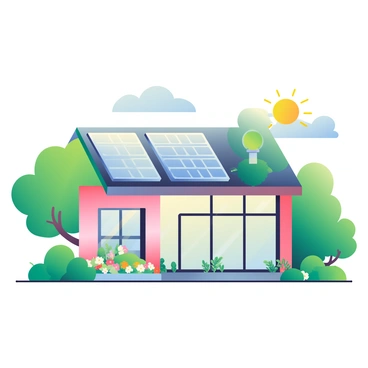A modern, eco-friendly house made of sustainable materials is set in the center of the image. The house features large windows that reflect the vibrant greenery surrounding it. Solar panels are installed on the roof, gleaming under the sunlight. Lush trees and various types of plants encircle the house, creating a rich, green landscape. A small garden with colorful flowers is visible near the front entrance, enhancing the house's connection to nature. The sky above is clear, contributing to the overall feeling of an environmentally conscious design.