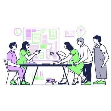 A team of engineers is gathered around a large table, collaborating on a project. The first engineer, wearing glasses and a blue shirt, is discussing a complex blueprint. Next to him, a woman with long black hair in a green dress is taking notes on a tablet. A man with short brown hair in a white shirt is pointing towards a large screen displaying technical diagrams. Another engineer, with curly hair and a gray sweater, is arranging tools and materials on the table. The room is well-lit, and several engineering models are placed strategically around them.