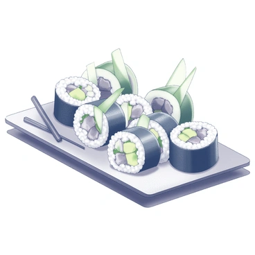 A plate of sushi rolls placed neatly on a surface. Each roll is delicately rolled and features thin cucumber slices peeking out from the edges. The fillings inside the sushi are varied, showcasing multiple shapes and textures, hinting at colorful ingredients. Some rolls are cut into bite-sized pieces, revealing the intricate arrangement of fillings, while others remain whole. The presentation of the sushi is precise, with a small dish of soy sauce and chopsticks placed beside it.