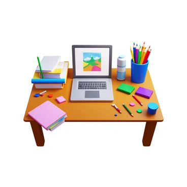 A 3D icon of an artist's workspace filled with "colorful pencils" arranged in a holder. There are "sketchbooks" stacked neatly on one side of the desk. On the other side, there is a "laptop" displaying a "vibrant illustration course" on its screen. The overall composition includes "paintbrushes" and "paints" scattered around the workspace, creating a lively and creative atmosphere.