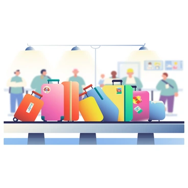 An imaginative scene showing luggage on a conveyor belt as if traveling on a train track