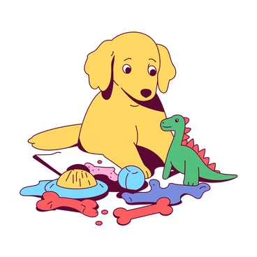 A yellow dog with floppy ears is sitting on a soft surface, looking perplexed as it gazes at a colorful pile of toys in front of it. The toys include a bright blue ball, a red squeaky bone, and a green plush dinosaur. The dog's head is tilted slightly to one side, and its eyes are wide with curiosity. The pile of toys is scattered around, creating a playful scene filled with vibrant colors.