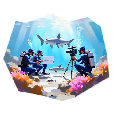 A coastal scene depicting a group of divers engaging in conservation efforts to protect shark species in the ocean. The divers, wearing blue wetsuits and equipped with underwater cameras, are surrounded by clear blue water filled with colorful coral reefs and various fish. In the foreground, one diver is carefully taking measurements of a small shark while another holds a sign that reads "Protect Our Sharks." In the background, a larger shark swims gracefully, highlighting the beauty of these creatures that the divers are working to protect. Sunlight filters through the water, creating a shimmering effect on the ocean floor.