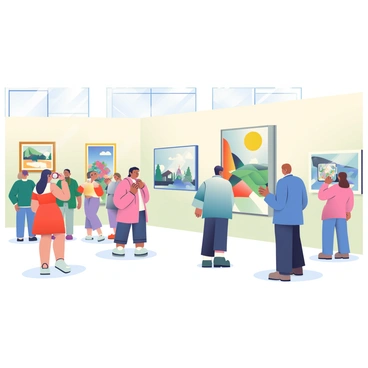 An art exhibition is taking place in a spacious gallery. The walls are adorned with various paintings, each showcasing different styles and colors. Visitors of diverse ages and backgrounds are spread throughout the gallery, engaging with the artwork. Some are standing close to the paintings, examining the details, while others are discussing the pieces with one another. A tall, abstract painting with vibrant colors is prominently displayed on one wall, attracting a small group of people. A woman in a red dress is taking a photograph of a landscape painting, while a man in a blue suit is gesturing as he explains a piece to his companion. Soft, natural light filters in through large windows, illuminating the gallery and creating a welcoming atmosphere.