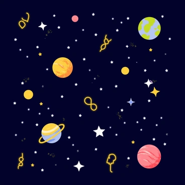 A cosmic scene featuring a dark blue background filled with twinkling white stars. Several colorful planets of varying sizes are scattered throughout the scene, each with unique textures and patterns. Among the stars, "ahki symbols" are floating, glowing in a bright golden hue. Some symbols are intertwined with delicate wisps of cosmic dust, adding depth to the image. The overall composition creates a sense of vastness and wonder in the universe.