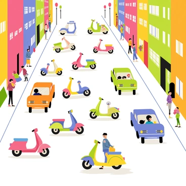 A busy city street filled with colorful buildings lining both sides. Several mopeds with various designs and colors are weaving through the traffic. Cars of different shapes and sizes are stopped in lanes, with some drivers looking out of their windows. People can be seen walking on the sidewalks, some carrying shopping bags. Traffic lights are visible, showing red and green signals. The scene captures the hustle and bustle of urban life.