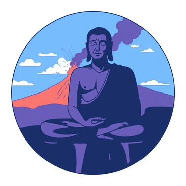 A large, dark statue of "Adiyogi" stands majestically in the foreground, its serene expression capturing the essence of wisdom and peace. The statue is intricately detailed, showcasing smooth contours and defined features that reflect light subtly. Behind the statue, the horizon is filled with "distant volcanic eruptions," where plumes of smoke and ash rise into the sky, casting a dramatic backdrop. The sky transitions in color from deep blue to a fiery orange, reflecting the intensity of the eruptions. The scene conveys a striking contrast between the calm presence of the statue and the chaotic nature of the volcanic activity.