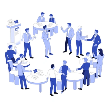 A networking event is taking place in a spacious room filled with round tables and chairs. A group of private equity investors is engaged in conversations while exchanging business cards. Some investors are dressed in tailored suits, holding business cards in one hand while greeting others with a firm handshake. Others are gathered in small clusters, animatedly discussing investment strategies. A table in the background displays a stack of business cards and brochures related to private equity opportunities. Soft lighting enhances the professional atmosphere, allowing for clear view of the interactions happening throughout the room.