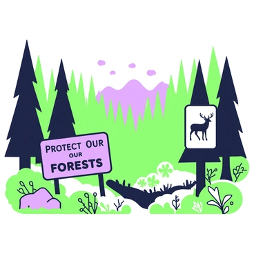 A scenic view of a dense forest filled with tall trees and lush greenery. In the foreground, there are two signs promoting preservation and wildlife. One sign features the text "Protect Our Forests" in bold letters, while the other sign has an illustration of a deer. The sunlight filters through the leaves, casting dappled shadows on the forest floor. Various plants and small bushes grow along the ground, adding to the natural beauty of the scene. In the distance, a faint outline of a mountain range is visible, completing the tranquil landscape.