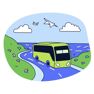 An electric bus with a sleek design is traveling along a winding coastal road. The bus has a vibrant green color that signifies its eco-friendly nature. On either side of the road, there are lush green hills dotted with small colorful wildflowers. The ocean is visible in the background, with gentle waves glistening under the sunlight. Fluffy white clouds drift across a clear blue sky, adding to the picturesque setting. There are a few seagulls flying overhead, complementing the coastal scene.