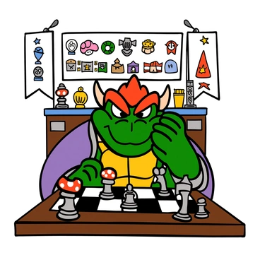 A green-skinned Bowser with spiked shell and large claws is sitting at a wooden chess table. He has a determined expression on his face, with furrowed brows and big eyes, staring intently at the chessboard. The chess pieces are intricately designed, some in the shape of mushrooms and others resembling different characters from his world. Bowser is wearing a royal purple robe, and behind him, there are various trophies and awards displayed on a shelf, indicating his competitive nature. The room is decorated with banners, adding to the atmosphere of a fierce chess match.