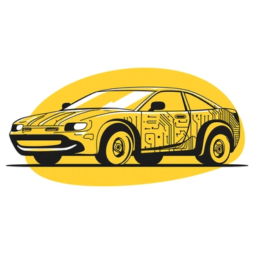 A car silhouette with sharp, defined edges, showcasing a complex pattern resembling circuit board designs. The outline features intricate lines and nodes, suggesting connections and technology. The car is situated in a dynamic pose, evoking a sense of motion. The circuit patterns are densely packed at the center and gradually disperse towards the edges of the outline, emphasizing the car's aerodynamic shape. The overall appearance is sleek and modern, capturing the essence of innovation and engineering.