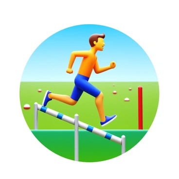 A runner in a bright sports outfit, with athletic shoes, is leaping over a hurdle on an outdoor obstacle course. The runner’s arms are extended for balance as they clear the hurdle. The obstacle course is set on a green field with scattered obstacles in the background. The sky is clear and blue, enhancing the outdoor setting. The runner's facial expression shows determination and focus during the leap.