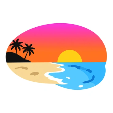 A beach scene during sunset with vibrant colors in the sky, showcasing a gradient of orange, pink, and purple. Silhouettes of tall palm trees are positioned on the left side of the image, their fronds swaying slightly in a gentle breeze. The shoreline features gentle waves lapping softly against the sandy beach, creating a subtle frothy edge. The sand is light beige, with small shells scattered about. The horizon is visible, where the sun is just about to set, casting a warm glow across the water.
