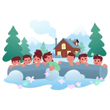 A group of children is playfully hiding behind large logs and smooth rocks in a forest setting. They are surrounded by tall trees with green foliage and vibrant wildflowers scattered on the ground. In the background, there is a cozy mountain cabin with a wooden exterior, smoke gently rising from the chimney, and a warm glow emanating from the windows. The scene is filled with soft, gradient pastel colors that create a tranquil atmosphere. Some children are peeking out from behind the logs, while others are crouching low, filled with excitement.