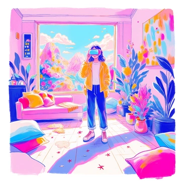 A person is standing in a spacious room, wearing VR goggles that cover their eyes completely. Their expression shows concentration and excitement. Surrounding them are colorful, large-scale animations and illustrations that seem to connect with the VR experience. These animations depict various fantastical creatures, swirling patterns, and vibrant landscapes, all bursting with color. The floor is scattered with soft cushions, and the walls of the room are adorned with posters of the virtual worlds.