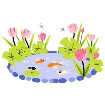 A peaceful garden pond with koi fish and lotus flowers
