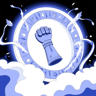 An ancient gauntlet is emerging from a glowing portal. The portal is depicted with intricate designs and luminous patterns. Surrounding the gauntlet, there are swirling mystical energies that have a dynamic, fluid motion. The gauntlet itself has ornate engravings and appears weathered, suggesting it has a long history. The background features a dark, undefined space that enhances the focus on the portal and the gauntlet.