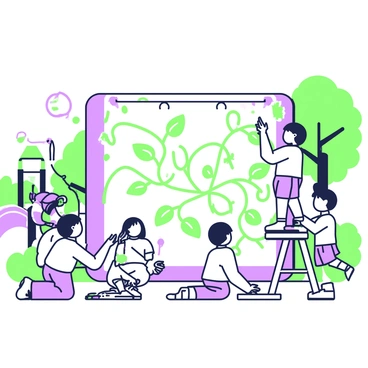 A group of children is gathered around a large wall in a school playground, painting a mural. The mural features a detailed design of a vine with intertwining branches. Each child holds a paintbrush and is focused on their section of the mural. One child is standing on a small step ladder to reach the upper part of the design, while others are kneeling or sitting on the ground. The scene is lively, with paint palettes scattered around, and bright sunlight illuminating the mural, enhancing the colors of the paint. In the background, there are playground equipment and trees, creating a lively school atmosphere.