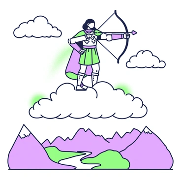 A mythological figure shooting arrows from a cloud in the sky