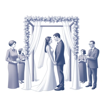 A couple standing together under a "chuppah," which is a traditional Jewish wedding canopy. The couple, dressed in formal wedding attire, is facing each other, with an expression of love and commitment. The "chuppah" is supported by four poles, draped with white fabric and adorned with floral arrangements. The setting is enhanced by the presence of guests gathered around, witnessing the ceremony, and a beautiful outdoor backdrop. The scene captures the solemnity and joy of the moment.
