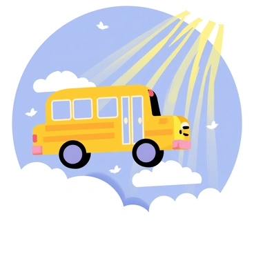 The "magic school bus" is depicted as a colorful, whimsical vehicle with large windows and a cheerful face on the front. The bus is flying high above "fluffy clouds" that vary in size and shape, creating a soft, pillowy landscape below. The sky is a brilliant blue, with vibrant rays of sunshine streaming down. Small birds can be seen soaring alongside the bus, adding to the lively atmosphere of the scene.