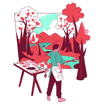 An artist painting a beautiful landscape of the fantasy forest, with surreal colors and elements.
