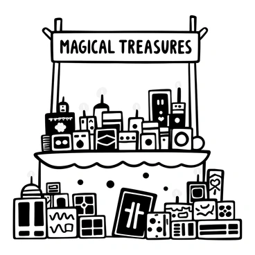 A bustling market stall filled with magical cards and mystical trinkets