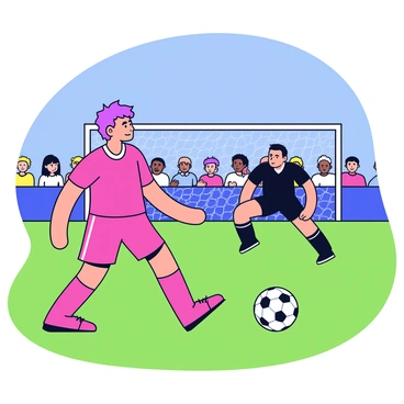 A soccer player stands confidently at the penalty spot, focused and determined. The player is wearing a bright red uniform with matching socks and cleats. The soccer ball is directly in front of them on the green grass field. In the background, a goalkeeper in a black uniform is preparing to dive, tense and alert. Spectators can be seen in the blurred background, holding their breath in anticipation. The sky above is a clear blue, setting a vibrant scene for this pivotal moment.