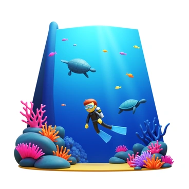 A diver in a wetsuit, equipped with oxygen tanks and goggles, hovers in front of a steep underwater cliff. The cliff is covered with colorful corals in shades of pink, orange, and purple. Schools of small fish in various colors dart around the diver, while a large, graceful sea turtle swims nearby. Brightly colored sea anemones sway gently with the ocean currents, and a curious octopus peeks from behind a rock. Rays of sunlight filter down through the water, illuminating the vibrant marine life.