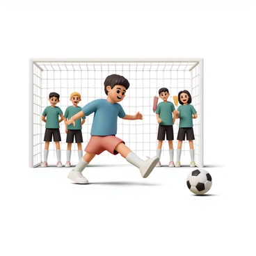 A cartoon boy, wearing a blue t-shirt, red shorts, and white sneakers, is energetically kicking a soccer ball towards the goal. The ball is mid-air, headed towards the net. In the background, several cartoon teammates are cheering, with big smiles on their faces. They are wearing matching uniforms consisting of green shirts and black shorts. The scene captures an exciting moment in a lively soccer game.