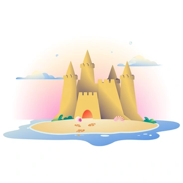 A large sandcastle, partially collapsed and washed away by the incoming tide, is situated on a sandy beach. The structure has tall towers and elaborate walls, with seashells and bits of seaweed scattered around it. The water is gently lapping at the base of the castle, leaving small wet footprints in the sand leading up to it. In the background, a soft gradient sky transitions from pale orange to gentle pink, signaling the end of the day. Small waves are visible, with a few foam bubbles forming on the surface, highlighting the movement of the tide.