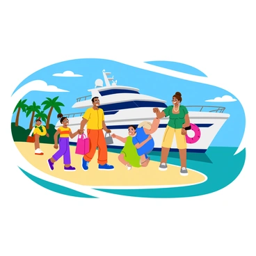 A family of four is excitedly boarding a large, white chartered yacht. The yacht has a sleek design with blue accents and is anchored near a sandy beach. The parents, a man and a woman, are smiling widely as they carry colorful beach bags. The two children, a boy and a girl, are jumping with joy, holding onto their inflatable toys. The sun is shining brightly, casting warm light on the scene, and there are palm trees in the background swaying gently in the breeze. The water is a clear turquoise, reflecting the vibrant energy of the family.