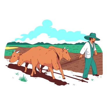 A teal farmer is diligently working in a vast field, guiding a traditional wooden plow pulled by two strong orange oxen. The farmer is wearing a wide-brimmed hat and simple clothing, focused on the task at hand. The field stretches into the distance, with freshly turned brown soil visible in neat furrows. In the background, there are patches of green grass and a clear blue sky with a few fluffy white clouds. The oxen are straining slightly, showcasing their muscular build as they pull the plow through the earth.