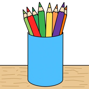 A sleek, modern pencil holder with a cylindrical shape, made of vibrant blue plastic. The holder is filled with a variety of colored pencils arranged upright, showcasing colors like red, green, yellow, purple, and orange. Each pencil has a sharpened tip and a glossy finish. The holder is placed on a light wooden desk with a subtle grain pattern, and the background is softly blurred to emphasize the pencil holder and its colorful contents.