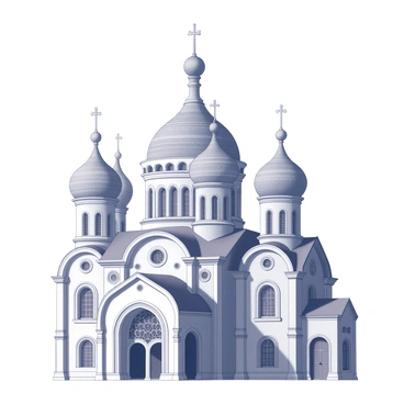 A grand cathedral with a distinctive silhouette, featuring multiple onion-shaped domes. Each dome has a unique design and is intricately detailed, showcasing various patterns and architectural elements. The structure includes tall windows and ornate spires, creating a symmetrical appearance. The base of the cathedral is adorned with decorative motifs and elegant arches, enhancing its overall grandeur.