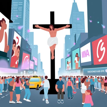 A figure representing Jesus is depicted on a cross, positioned prominently in the center of Times Square. Surrounding the cross, there are crowds of people walking in various directions, absorbed in their activities. Brightly lit billboards and advertisements in vibrant colors illuminate the scene. Some people are taking photos, while others are engaged in conversations. The pavement is bustling with a mix of tourists and locals, creating a lively atmosphere. A yellow taxi is passing by, and the skyline of buildings is visible in the background, adorned with colorful lights.