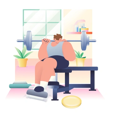 A cozy home gym features warm wooden flooring and minimalistic decor. A person with light skin and short brown hair is positioned on a black bench press, lifting a shiny silver barbell above their chest. The individual is wearing a fitted gray tank top and black shorts. Sunlight streams in through a large window, casting soft shadows across the room. In the background, there are potted plants and a small shelf with workout accessories. A thick exercise mat lies on the floor nearby, adding to the comfortable atmosphere.