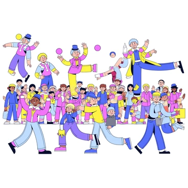 A lively parade featuring circus performers in costumes marching through the streets