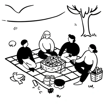 A group of four individuals sitting on a checkered picnic blanket in a park. They are arranged in a circle, surrounding a large basket filled with various types of food, including sandwiches, fruits, and snacks. Beside the basket, there are drinks in clear glass bottles with lids. A frisbee and a picnic basket are placed nearby, and a tree provides shade over the scene. The ground is covered in grass, and a few birds are pecking at crumbs near the blanket.
