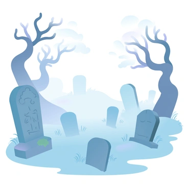 A fog-covered graveyard is filled with ancient tombstones of various shapes and sizes, some adorned with intricate carvings and moss. Gnarled trees with twisted branches stretch skyward, their dark silhouettes contrasting against the misty background. The ground is uneven, with patches of grass peeking through the soil, and a sense of stillness envelops the scene. Wisps of fog weave between the tombstones, creating a mysterious atmosphere throughout the graveyard.