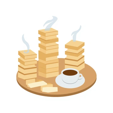 A wooden Jenga game set with several blocks stacked precariously. The blocks are light brown and feature the natural grain of the wood. Next to the Jenga set, there is a steaming white ceramic cup of coffee with a swirling steam rising above it. The cup is placed on a simple circular wooden cafe table that has a smooth surface. The scene is brightened by sunlight filtering through a nearby window, casting soft shadows on the table.