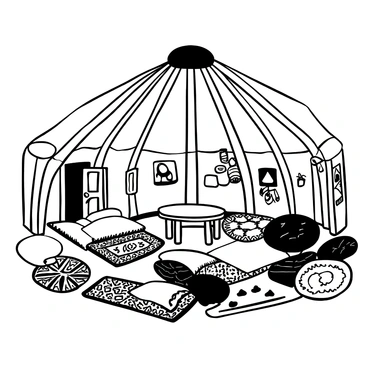 The interior of a yurt features a central wooden support structure with a domed ceiling. Colorful rugs are spread across the floor, creating a rich tapestry of patterns. Large, plush cushions are scattered around for seating, each with intricate designs and textures. Traditional decorations, such as ornate wall hangings and handcrafted items, adorn the walls, adding to the cultural atmosphere. A small table is positioned at the center, surrounded by the cushions.