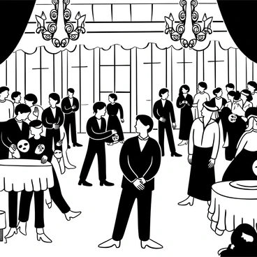 A grand Venetian ballroom filled with elegantly dressed guests wearing elaborate masks. The guests are engaged in lively conversations and dancing, surrounded by opulent decorations like chandeliers and draped fabrics. "Othello" is depicted in a dark, tailored outfit, standing off to the side, observing the festivities with a contemplative posture. Various masks are displayed on nearby tables, adding to the atmosphere of intrigue and mystery. The floor is adorned with intricate patterns, and shadows cast by the chandeliers create a dramatic effect.