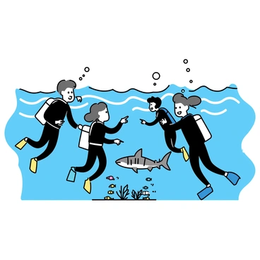 A group of four scuba divers, equipped with black wetsuits and colorful fins, are submerged in shallow waters. They are surrounded by rippling blue water, with sunlight filtering down, creating dappled patterns. One diver is pointing excitedly towards a "playful tiger shark" swimming gracefully nearby. The shark has distinct dark stripes across its body and is swimming close to the coral reef below, where colorful fish dart in and out. The divers' bubbles rise towards the surface, adding to the lively underwater scene.