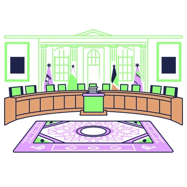 An intricately designed carpet covers the floor in the senate chamber. The carpet features a complex pattern with geometric shapes and ornate details. The chamber has high ceilings with elegant moldings, and tall windows allowing light to filter in. Wooden benches are arranged in a semicircle, facing a central podium. On the podium, there is a microphone and a stack of papers. The walls are adorned with framed portraits of historical figures, and a green-and-purple color scheme is evident throughout the chamber.